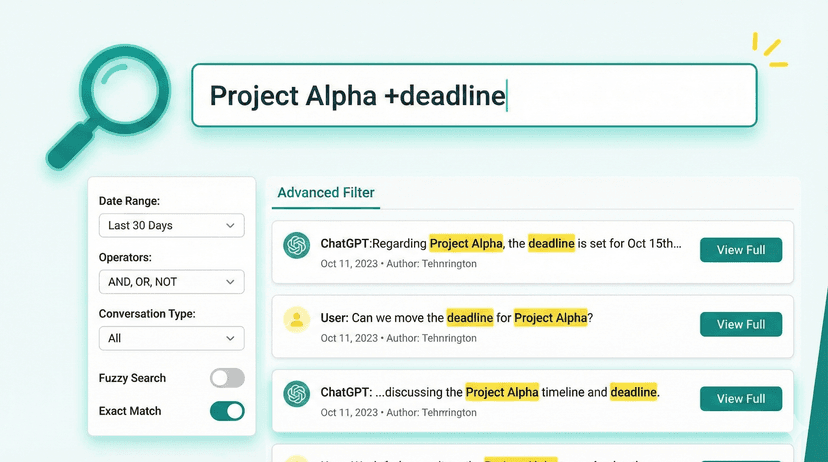 Create an illustration showing a powerful search interface with a magnifying glass icon, search bar with advanced filters, and highlighted search results in ChatGPT conversations. Show search operators, date filters, keyword highlighting, and "exact match" vs "fuzzy search" options. Include search results list with relevant snippets highlighted. Use teal and white with yellow highlights. Style: clean, tech-focused, modern dashboard design.