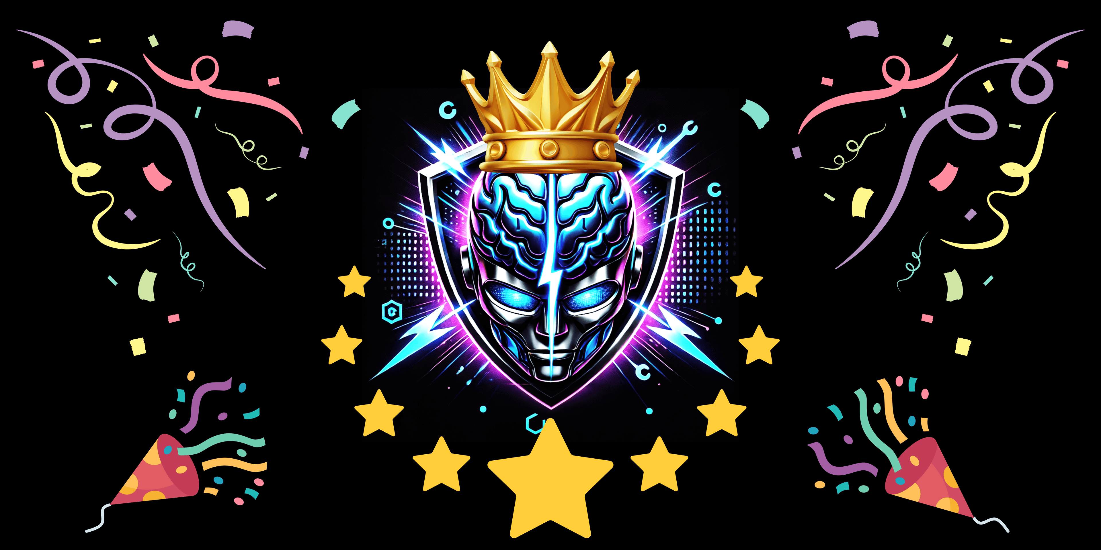 ChatGPT Toolbox logo on a black background with a king's hat, surrounded by stars, confetti and party hats.