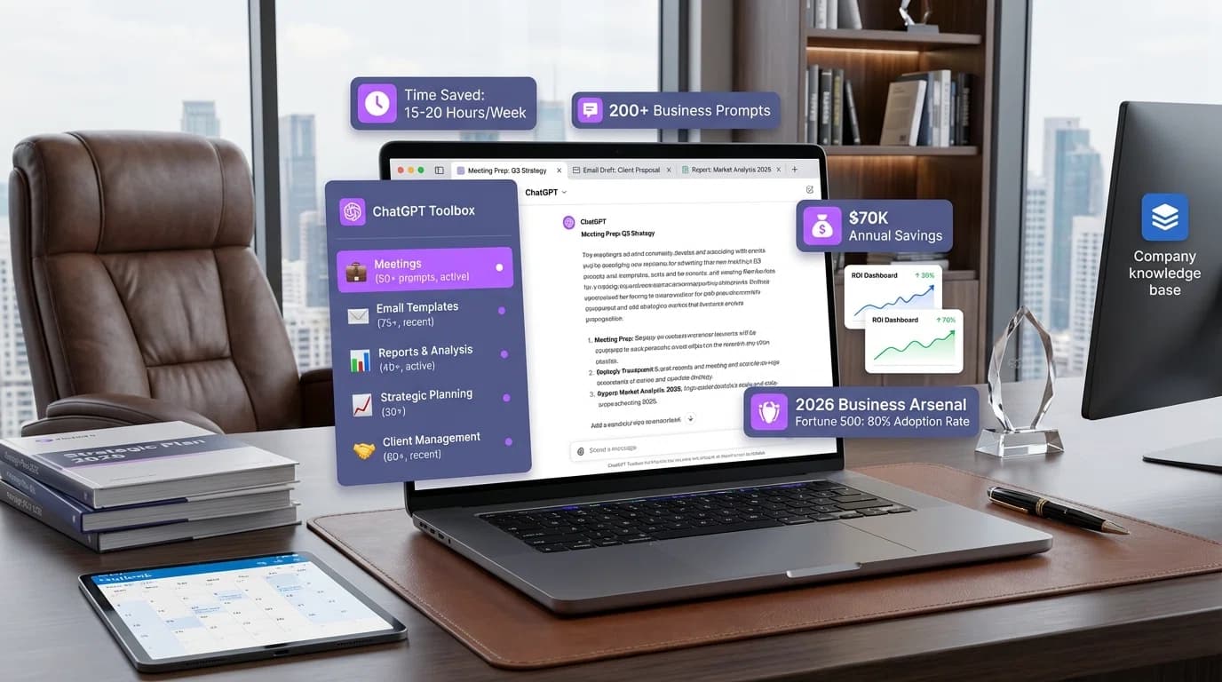 Professional business workspace with laptop displaying ChatGPT interface and ChatGPT Toolbox. Business executive reviewing organized folders of saved business prompts for meetings, emails, reports, and strategic planning. Modern office setting with productivity dashboard showing time saved metrics.