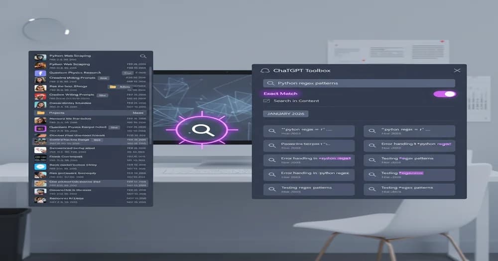 ChatGPT interface showing history sidebar with hundreds of conversation threads and ChatGPT Toolbox advanced search panel displaying keyword filters, date ranges, and instant search results