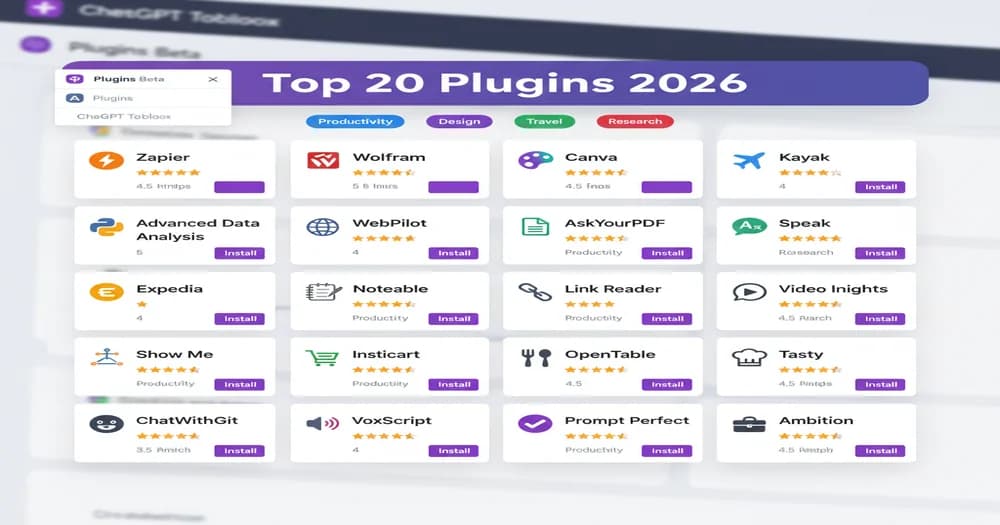 Modern ChatGPT plugin store interface showing grid of 20 top plugin icons including Zapier, Wolfram, Canva, Kayak with installation buttons, ratings, and category badges for productivity, design, travel, and data analysis