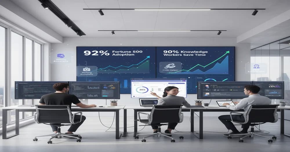 Modern office workspace with diverse professionals using AI tools on laptops and monitors showing ChatGPT interface, productivity dashboards, automation workflows, and team collaboration with AI agents in background