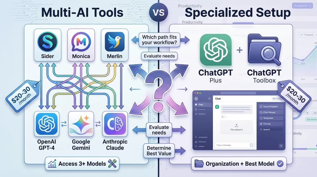Decision framework comparing multi-AI tools like Sider, Monica, and Merlin with ChatGPT Plus and ChatGPT Toolbox showing cost analysis and productivity features