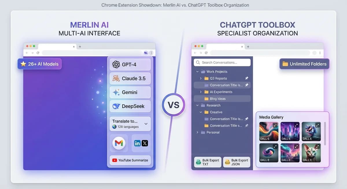 Split-screen comparison showing Merlin AI multi-AI interface with GPT-4, Claude, Gemini icons and translation features on left versus ChatGPT Toolbox specialist organization interface with folders, search, and export features on right