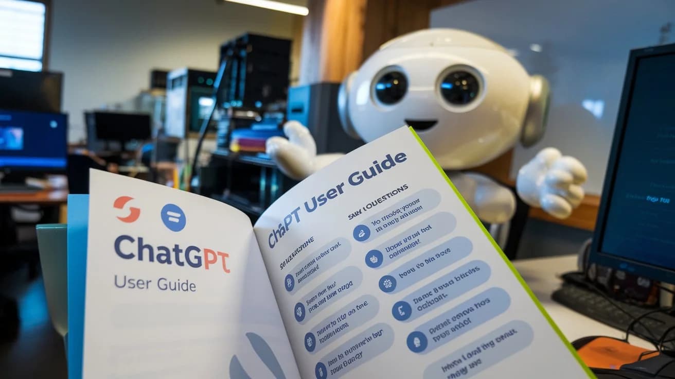 A photo of a user guide for a chatbot. The guide is open to a page with the title "ChatGPT User Guide". The page contains instructions on how to use the chatbot, including how to ask questions and receive answers. There is a photo of ChatGPT, the chatbot mascot, in the background. The room in the background contains various technology equipment, including computers and a whiteboard.