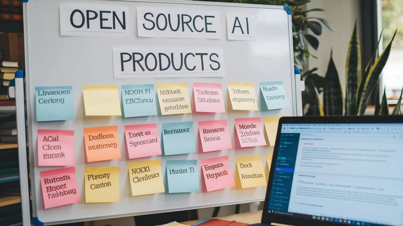 A photo of a whiteboard with the text "Open source AI products". There are multiple colored sticky notes attached to the whiteboard, each with a different AI product name. There is a laptop on the table beside the whiteboard, with a document open. The background contains a plant and a few books.