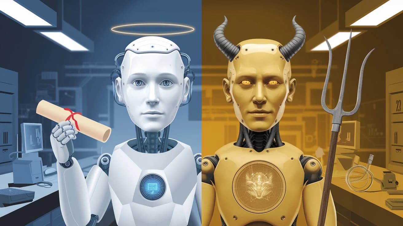 A digital illustration of two side-by-side AI systems. On the left, a good AI system with a human-like face and a halo above its head. It is holding a diploma. On the right, a bad AI system with a demonic-like face and horns above its head. It is holding a pitchfork. The background is a laboratory with various AI-related equipment.