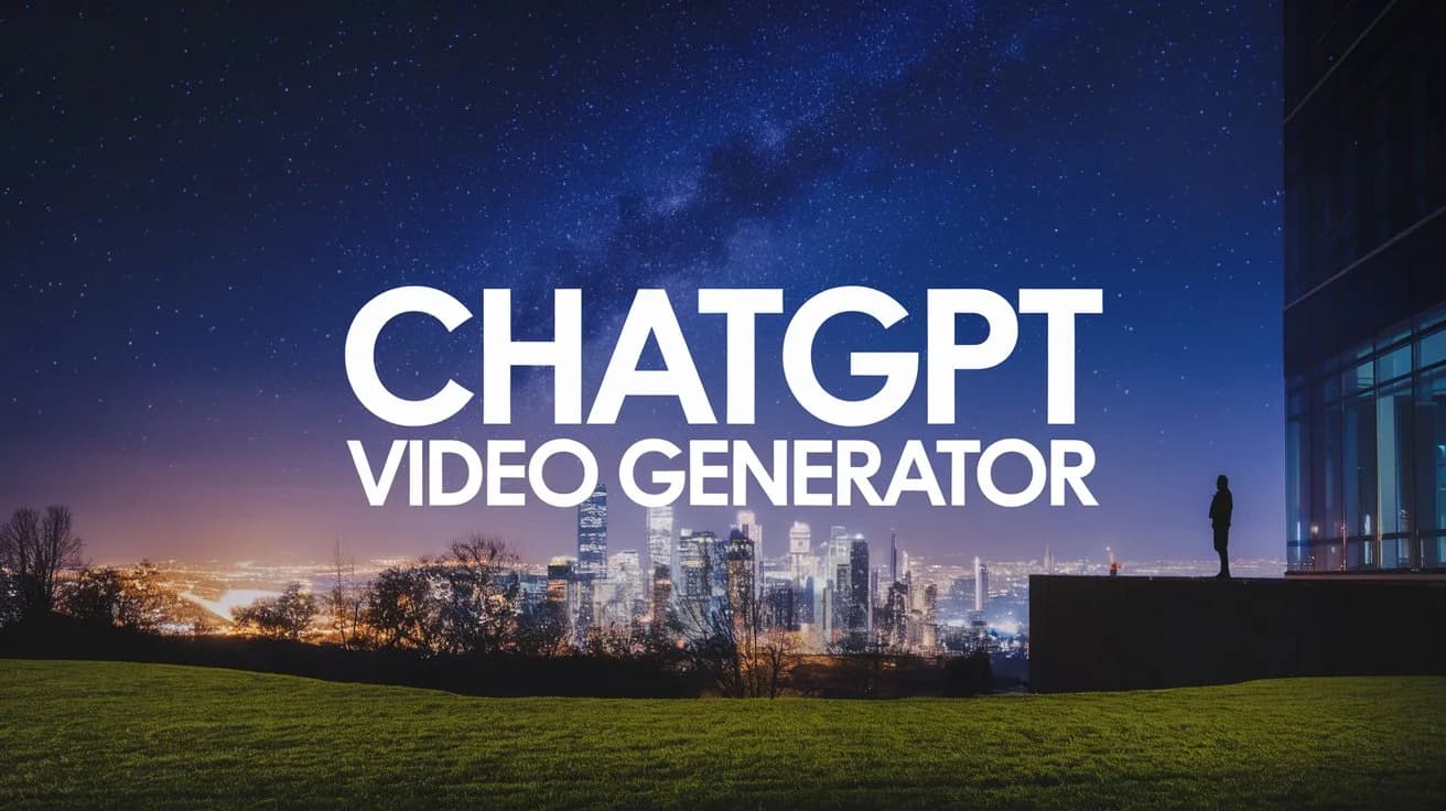 A video generator with the text "ChatGPT video generator". The background is a cinematic shot of a city at night, with the skyline illuminated by lights. There's a silhouette of a person standing near the edge of the building, looking out at the city. The foreground is a green field with a few trees. The sky is clear and filled with stars.