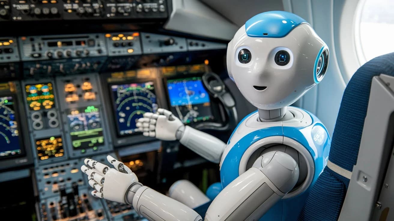 A photo of a friendly AI robot serving as a copilot inside a plane. The robot is seated in the cockpit and is wearing a blue uniform. The robot has a large screen for a head and multiple smaller screens for its hands. The background reveals a control panel filled with buttons and screens.
