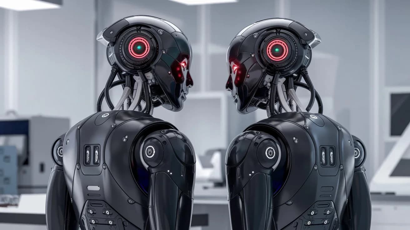 A photo of two AI robots standing back to back, with their cameras facing each other. The robots have a sleek, black design with glowing red eyes. The background is a futuristic laboratory with white walls and a few machines.