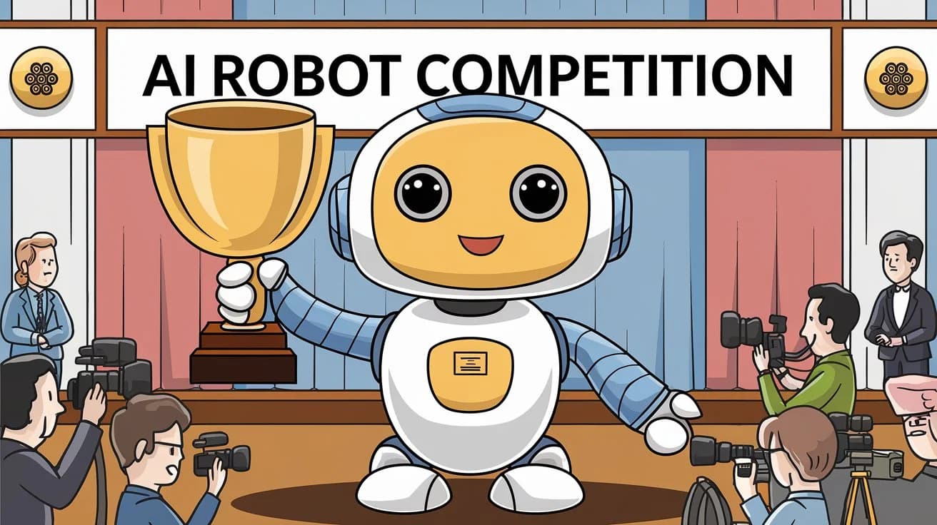 A cute cartoon-style AI robot with a smile is holding a large prize. The robot is standing on a stage. The background contains a banner with the text "AI Robot Competition". There are people with cameras around the stage.