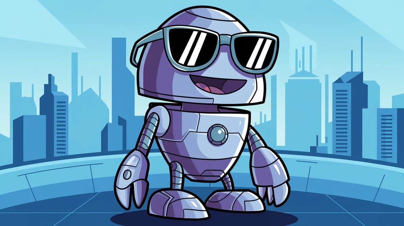 A cool cartoon robot with sunglasses and a cool face expression is standing on a platform. The robot is made of metal and has a cylindrical body with a round head. The robot is wearing sunglasses and has a unique face with a smile. The background is a futuristic city with tall buildings.