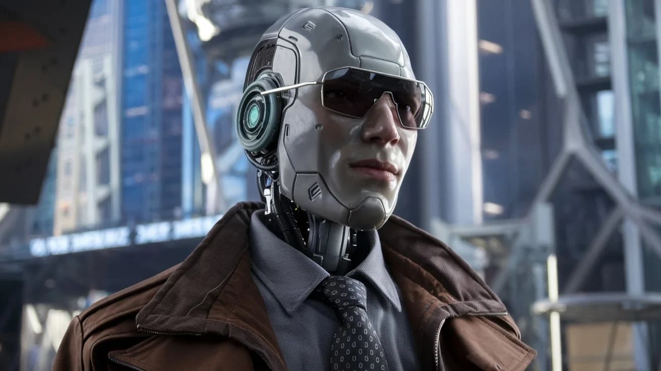 A cinematic shot of a medium shot of a robot agent with sunglasses. The robot is standing against a backdrop of a futuristic city.