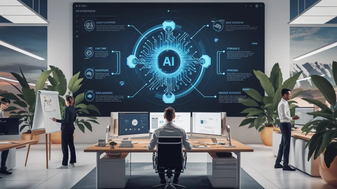 An image of a futuristic office setting with a large screen displaying a visual representation of AI integration. There's a person sitting at a desk with multiple computer monitors. The room has a few other people, one of whom is standing near a whiteboard. The background contains several plants and a photo of a mountain range.