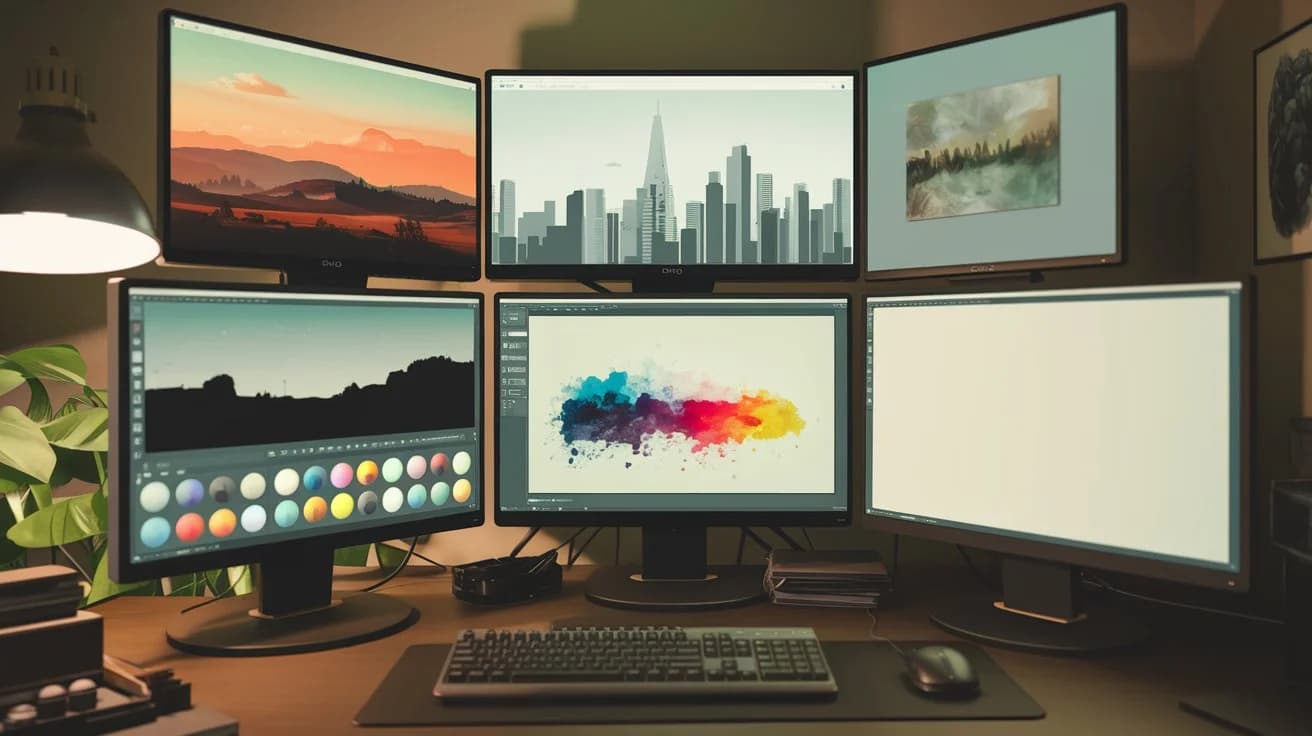 A cinematic shot of a room with several computer monitors. The monitors display various images, including a landscape, a city skyline, a painting, and a blank canvas. There's a keyboard and mouse on the desk. A lamp is beside the desk. The room has a beige wall and a green plant in the corner.