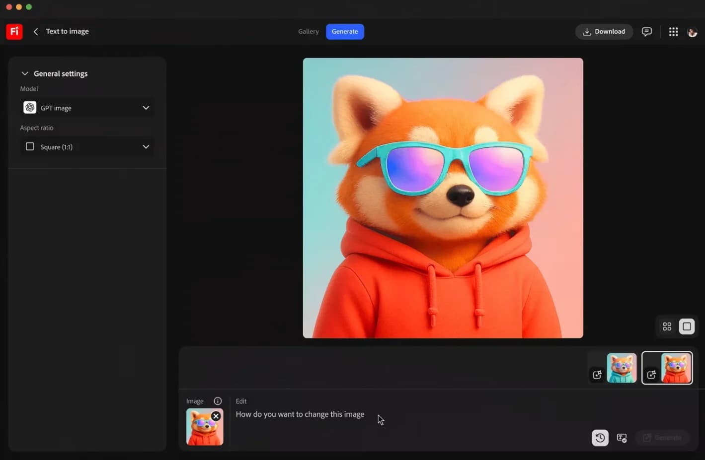 A user interface for an AI image generation tool is displayed, specifically showing a generated image of a red panda with fluffy fur wearing teal sunglasses with purple reflective lenses and a red hoodie. The red panda appears to be smiling, set against a soft blue-to-pink gradient background. The UI shows options on the left for model selection (GPT image) and aspect ratio (Square 1:1). At the top, a "Generate" button is visible, suggesting that this screen is part of the image creation process. The UI has a dark theme with blue highlights for active elements.