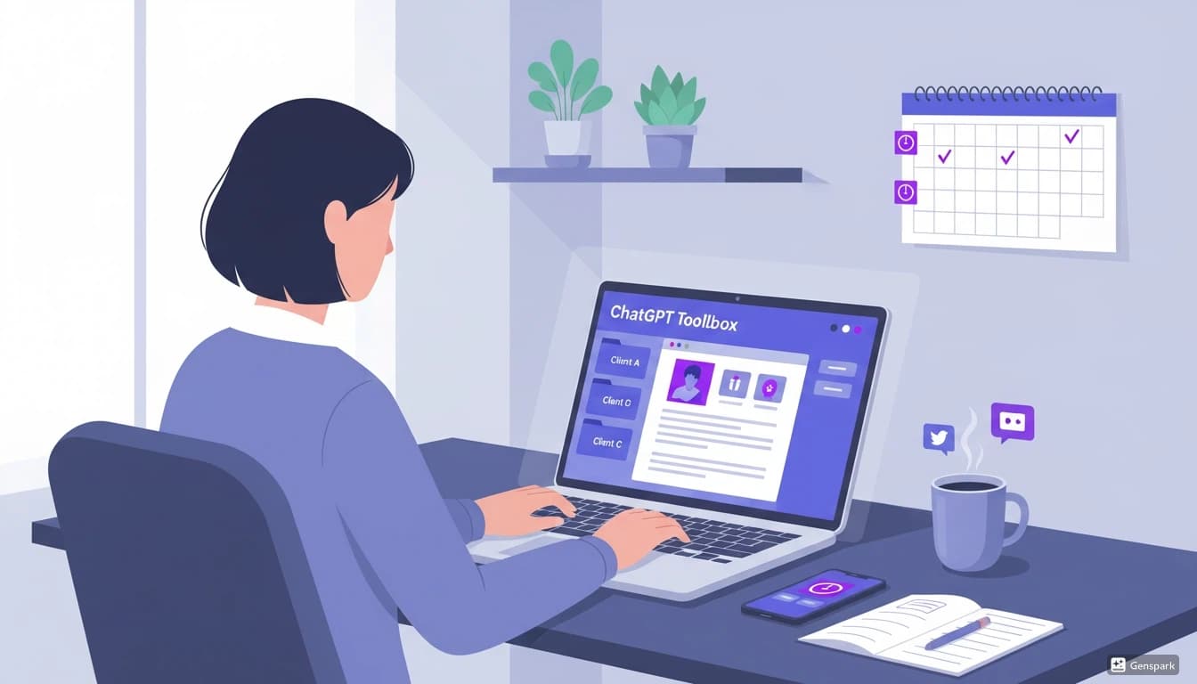 Freelancer working at a modern home office desk with laptop displaying ChatGPT Toolbox interface. Shows organized client folders, project management, and professional workflow tools for independent professionals.