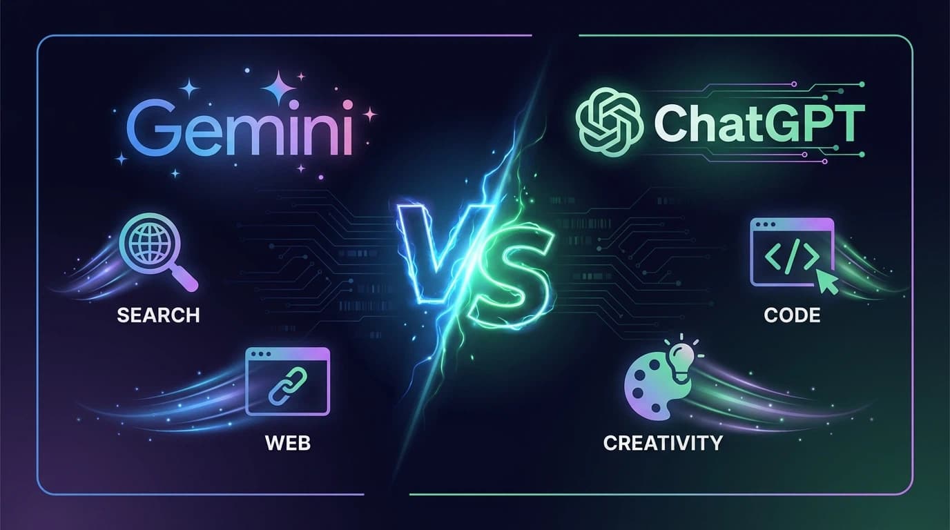 Split-screen comparison of Gemini and ChatGPT interfaces with feature icons and comparison metrics floating between them