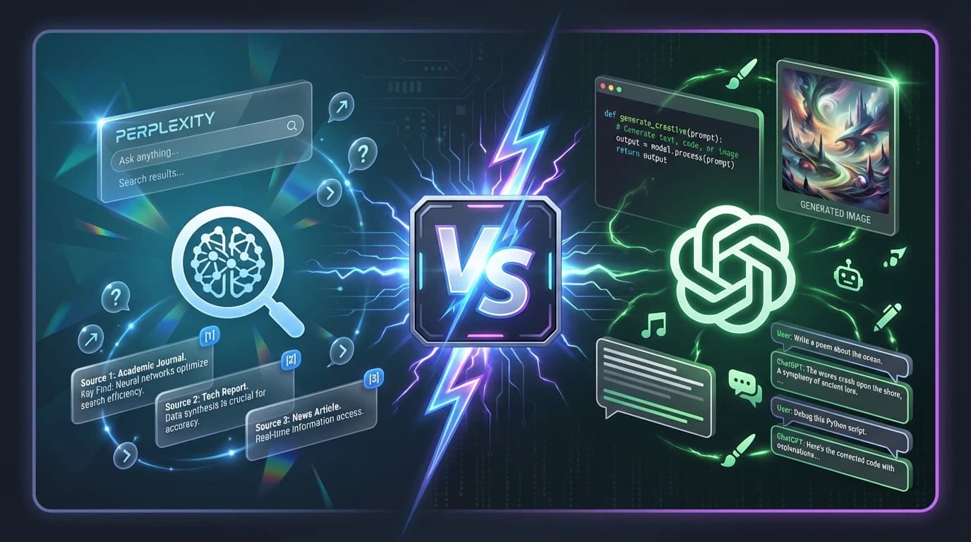 Split-screen comparison of Perplexity AI and ChatGPT interfaces showing their distinct approaches to AI assistance