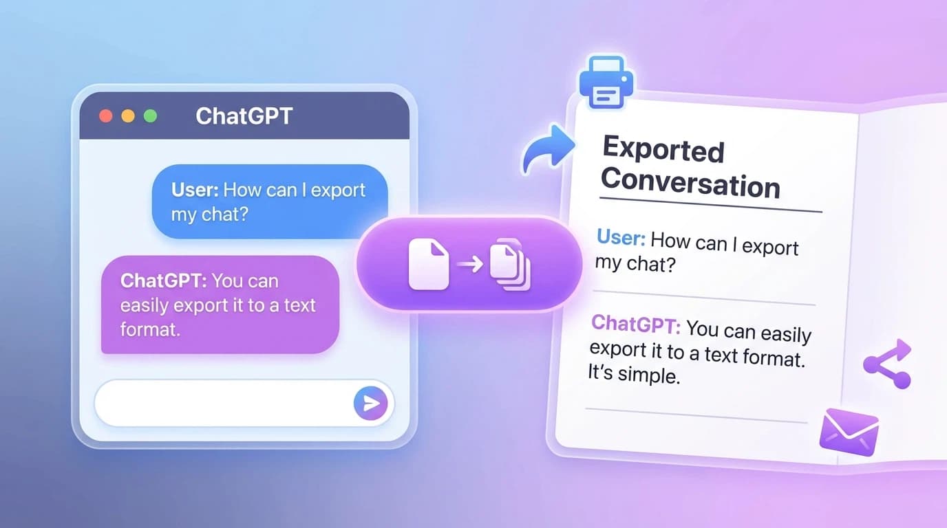 Clean interface showing ChatGPT conversation being exported to readable TXT format with print and share icons