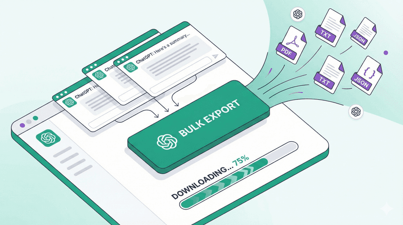 Create a modern, professional illustration showing multiple ChatGPT conversation windows being exported simultaneously into various file formats (PDF, TXT, JSON). Show a user interface with a prominent "Bulk Export" button, file icons floating around, and a download progress indicator. Use teal and white color scheme with purple accents. Include subtle ChatGPT logo elements. Style: clean, minimalist, tech-focused, isometric view.