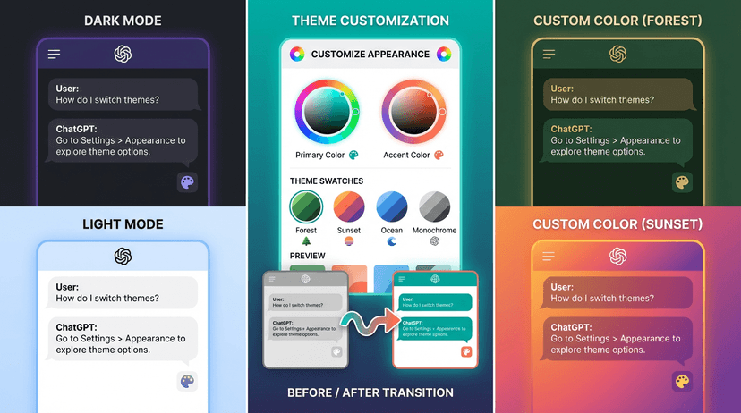 Create a split-screen illustration showing ChatGPT interface in multiple themes: dark mode, light mode, and custom color schemes. Show a theme customization panel with color pickers, preview options, and theme swatches. Include palette icons and a "before/after" transformation effect. Use vibrant colors showcasing theme variety. Style: modern, colorful, UI-focused with smooth transitions.