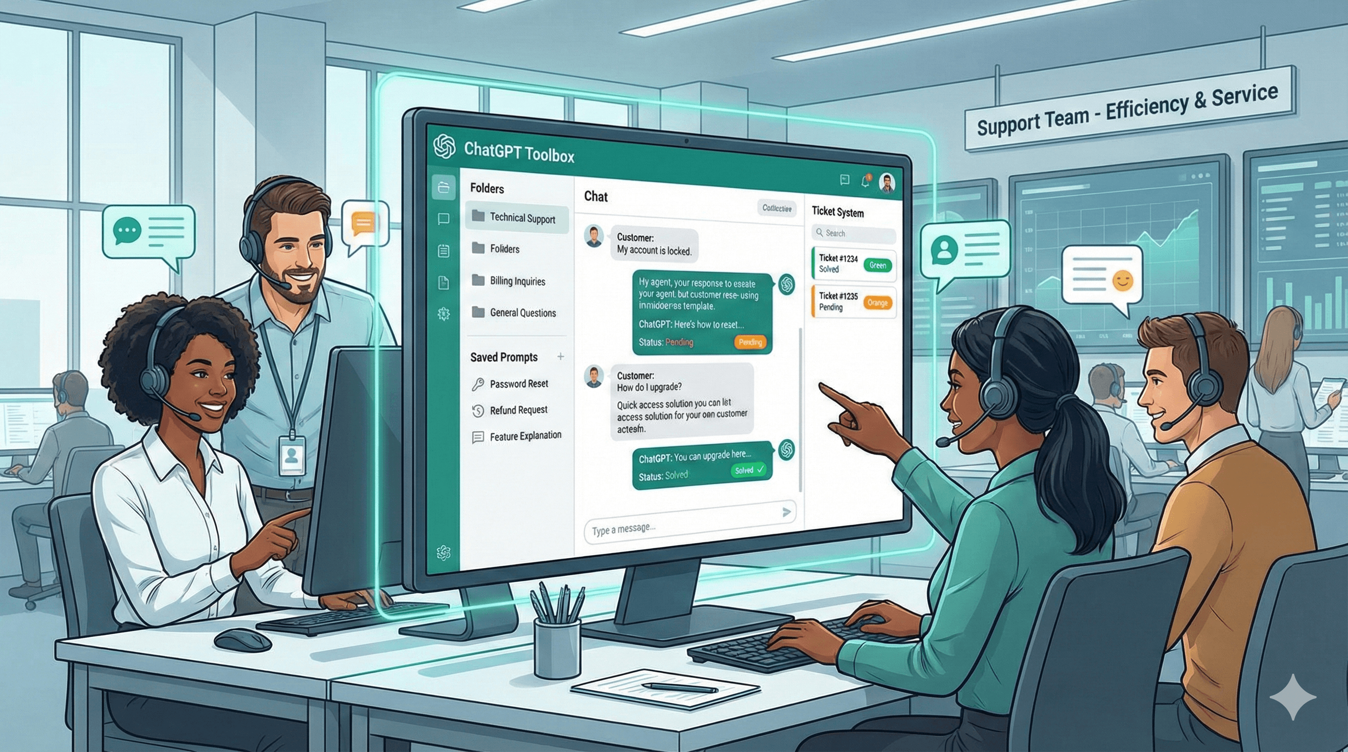Create an illustration showing a customer support team using ChatGPT Toolbox with organized folders for different support categories (Technical, Billing, General), saved response templates, and quick access to common solutions. Show headset, chat bubbles, ticket system, team collaboration. Include multiple support conversations organized efficiently. Use teal and white with support colors (green for solved, orange for pending). Style: professional, service-oriented, team-focused.