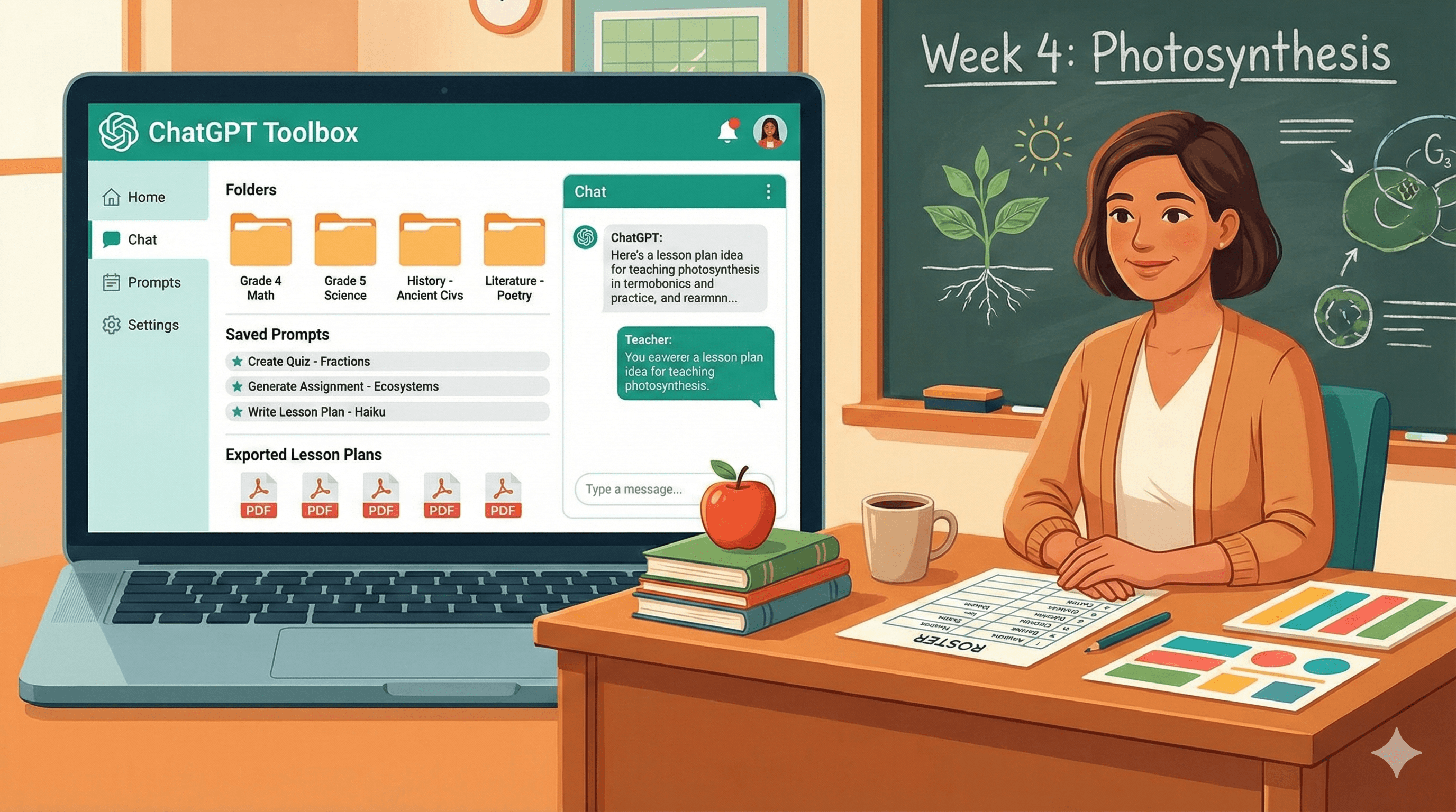 Create a warm, professional illustration showing a teacher using ChatGPT Toolbox for lesson planning. Show organized folders by subject and grade level, saved prompts for creating quizzes and assignments, exported lesson plans. Include elements like chalkboard, books, apple, teaching materials, student roster. Show ChatGPT conversations about educational content. Use teal and white with educational colors (warm oranges, friendly greens). Style: professional, welcoming, educational environment.