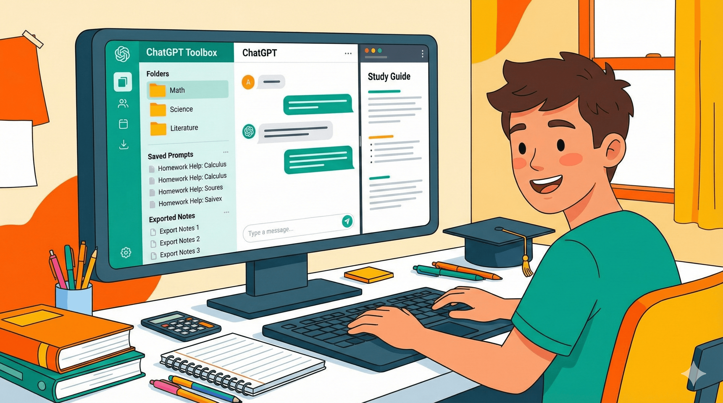 Create a vibrant illustration showing a student using ChatGPT Toolbox for studying. Show organized study folders by subject (Math, Science, Literature), saved prompts for homework help, and exported study notes. Include elements like textbooks, notebook, calculator, graduation cap. Show a split screen with ChatGPT conversations and study materials. Use teal and white with youthful, energetic colors (orange, yellow accents). Style: friendly, educational, modern student lifestyle.