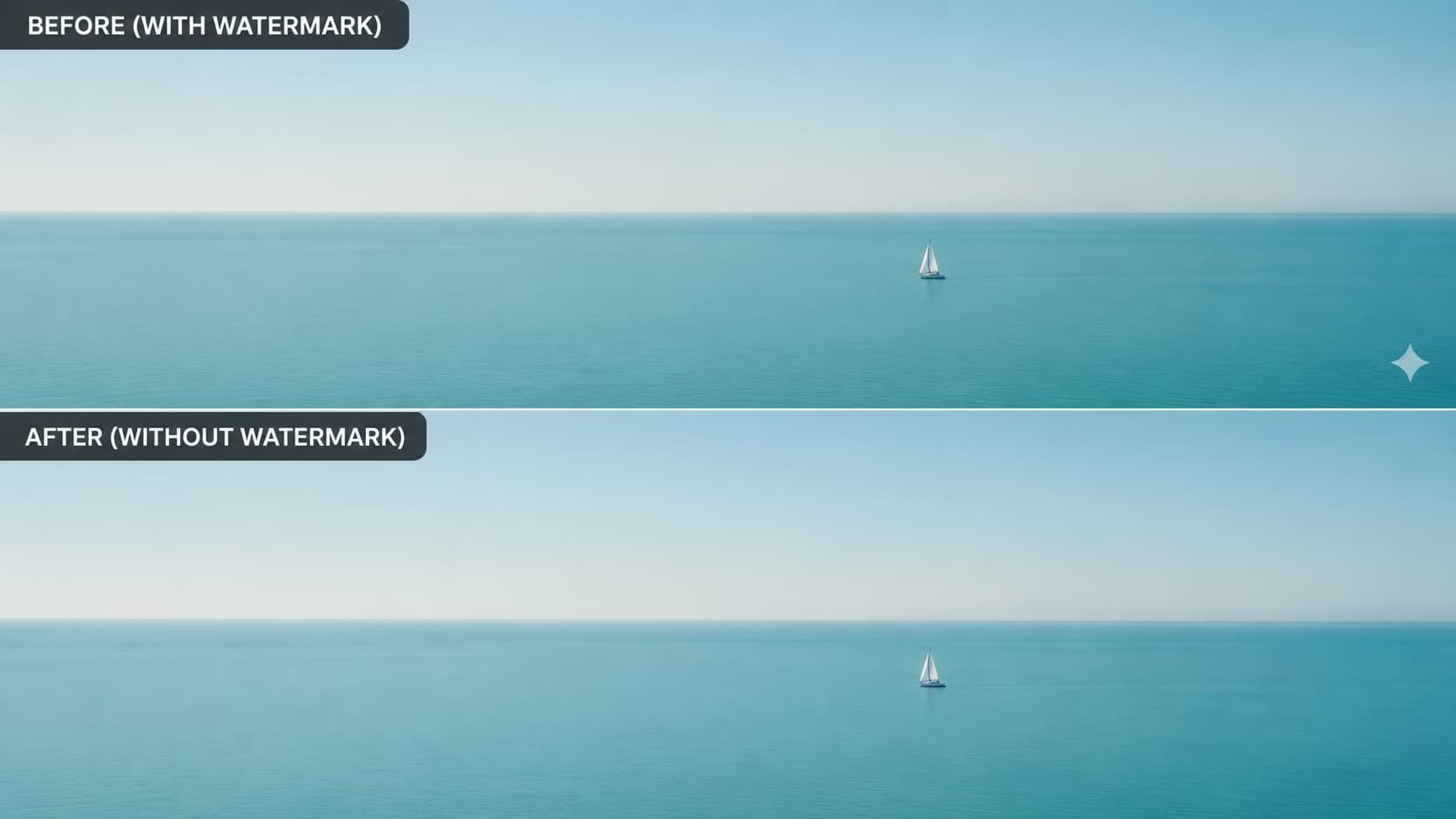 Before and after of a Gemini generated seascape with the watermark removed