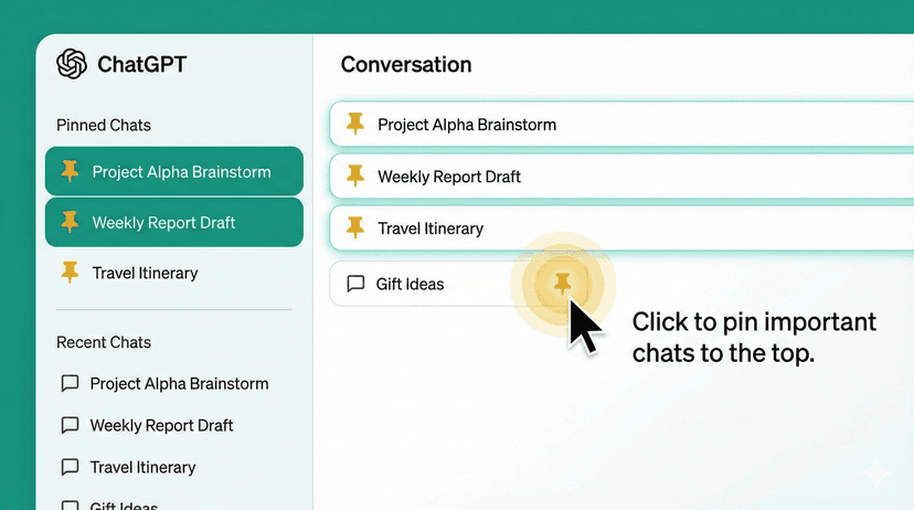 Create an illustration showing a ChatGPT conversation list with several chats pinned at the top, indicated by pin icons. Show a user clicking a pin button with a subtle glow effect. Include a sidebar with pinned conversations highlighted at the top section, separated from regular chats below. Use teal and white with pin icons in gold/yellow. Style: clean, instructional, modern UI design.