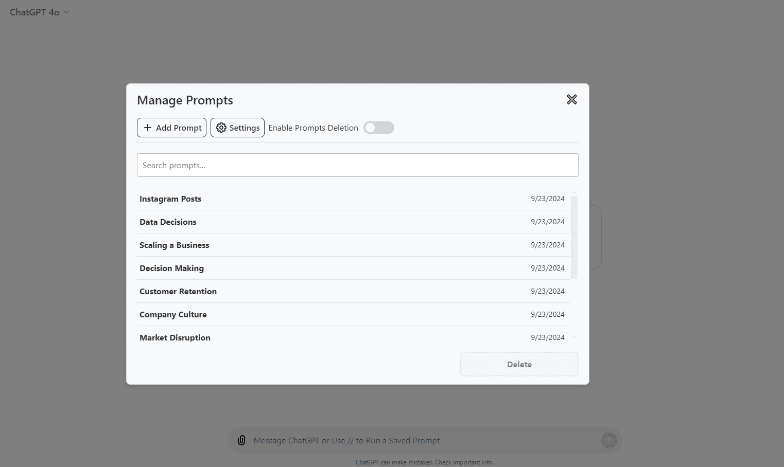 Screenshot of the Manage Prompts popup showing a list of saved and created prompts with their creation dates, an 'Add Prompts' button, a 'Settings' button, an 'Enable Prompts Deletion' switch, and a 'Delete' button at the bottom.