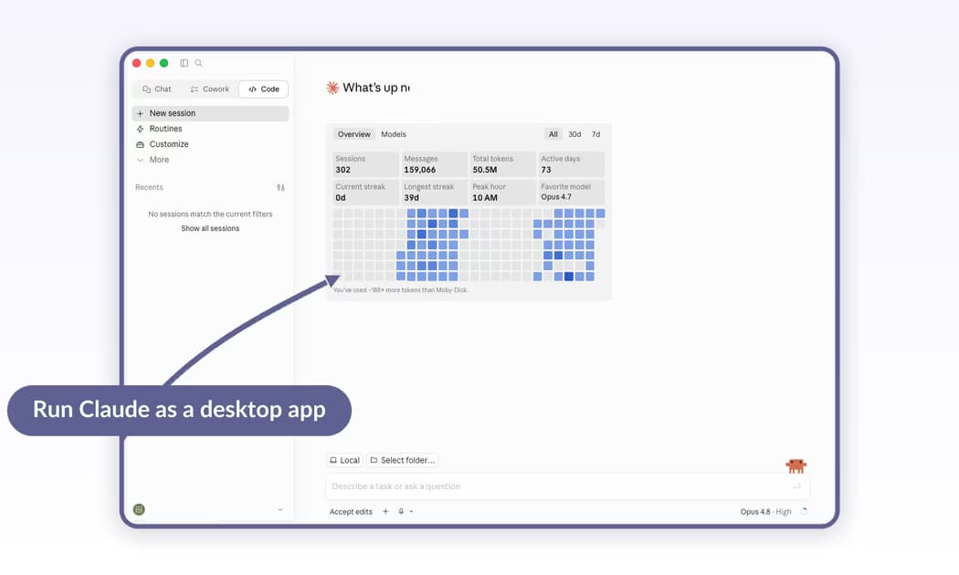 Claude Desktop app showing the Code tab with a sessions dashboard, message and token counts, and a usage heatmap