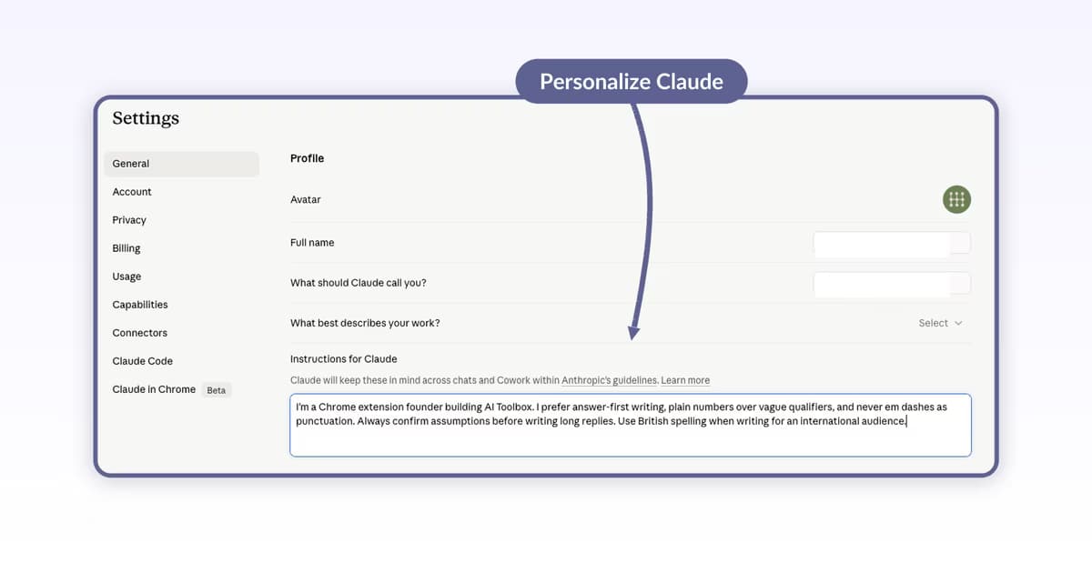 Claude Settings General Profile page with the Instructions for Claude textarea populated with a brand voice prompt