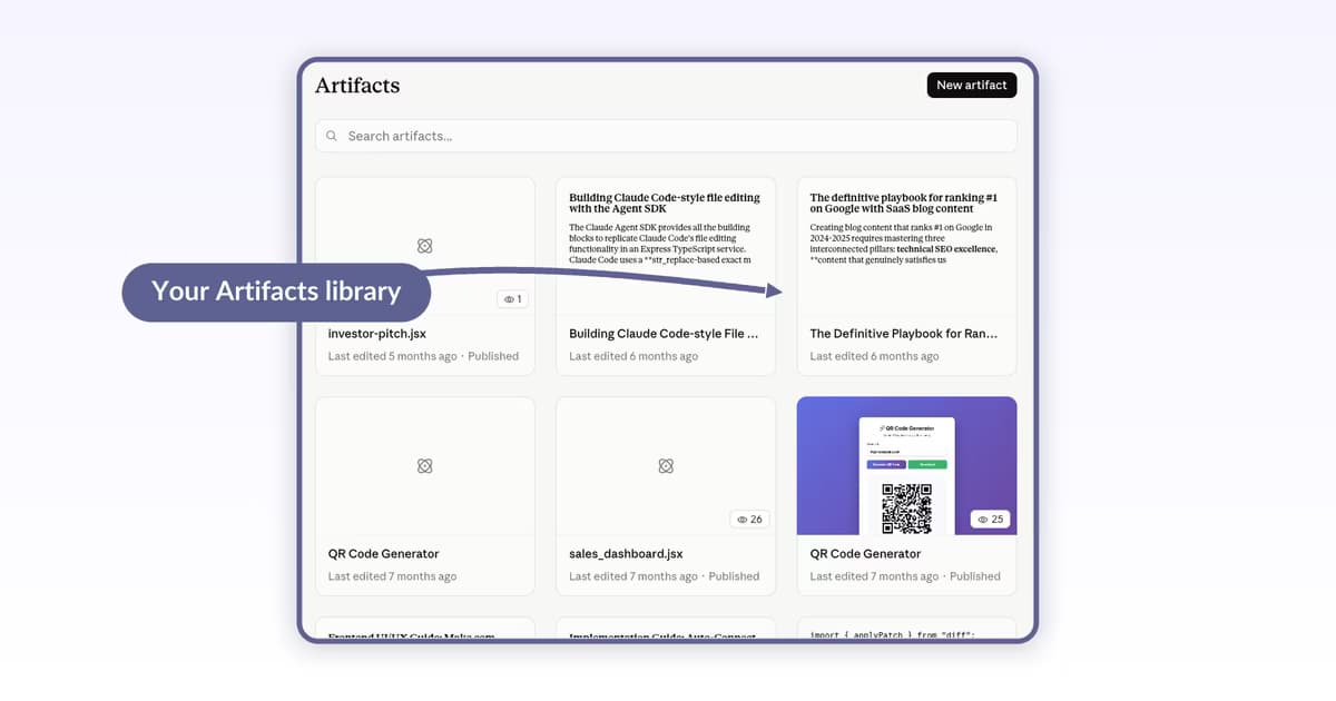 Claude Artifacts library showing saved cards with Published views and an interactive QR Code Generator artifact preview